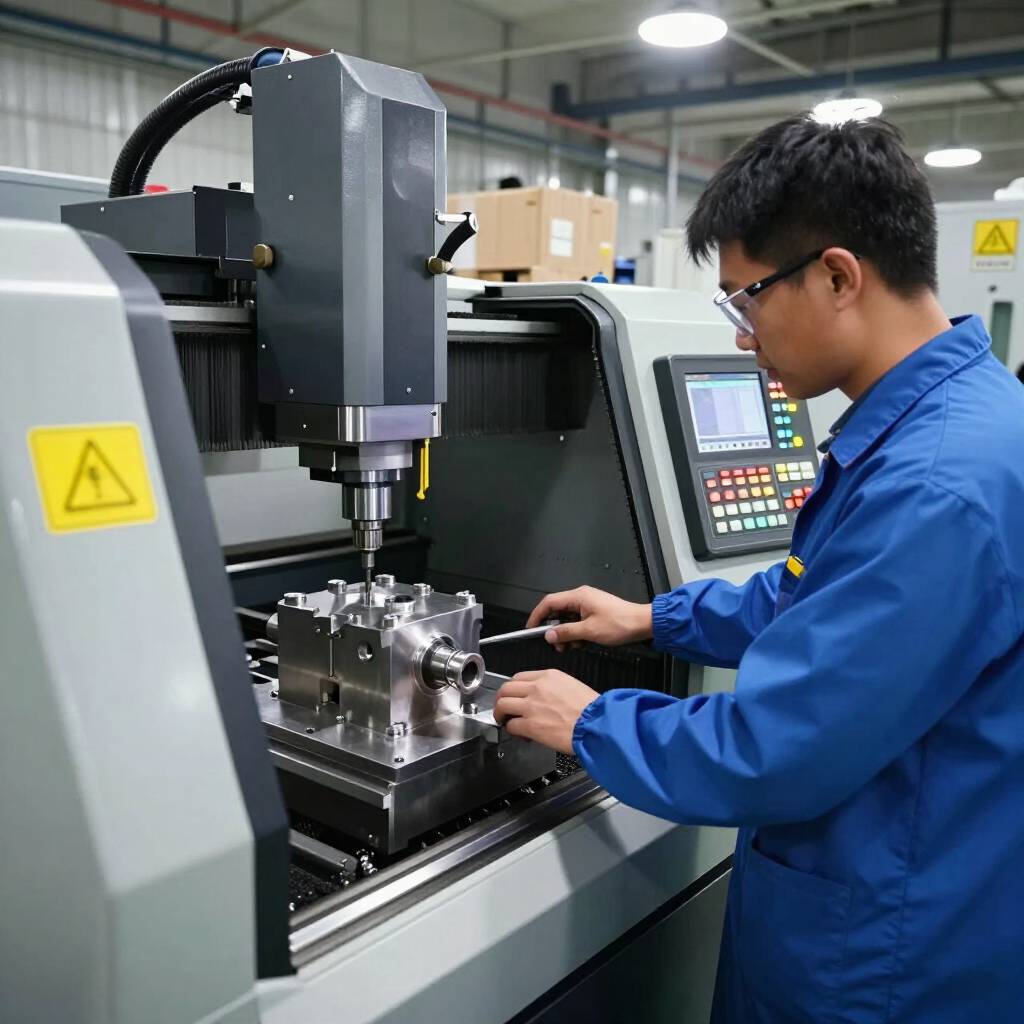 Technician in blue coat operating a CNC milling machine in a workshop