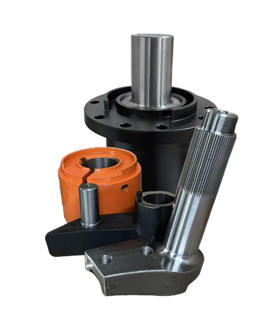 Steel automotive parts, including a splined shaft, orange collar, and bracket.