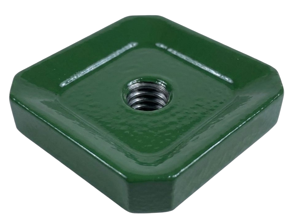 Green square metal threaded insert with a center hole on a white background