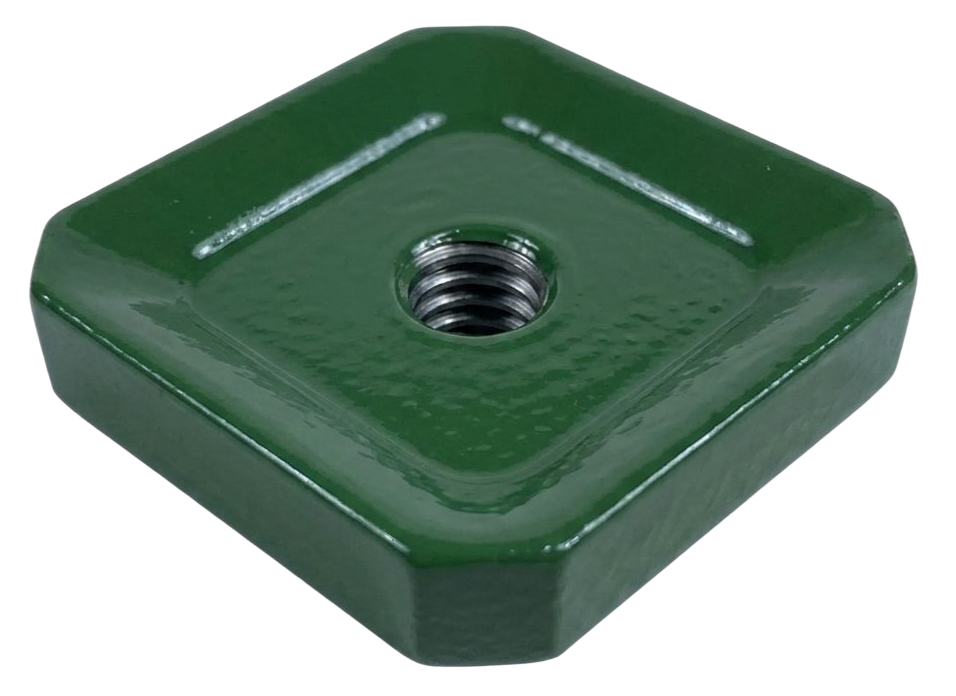 Green square threaded metal anchor plate with a central threaded hole