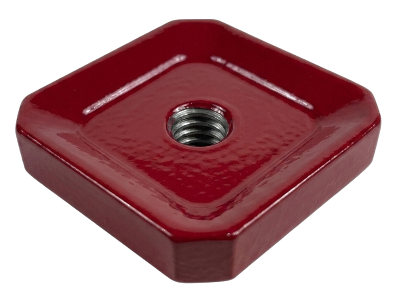 Red metal square threaded nut with a centered hole