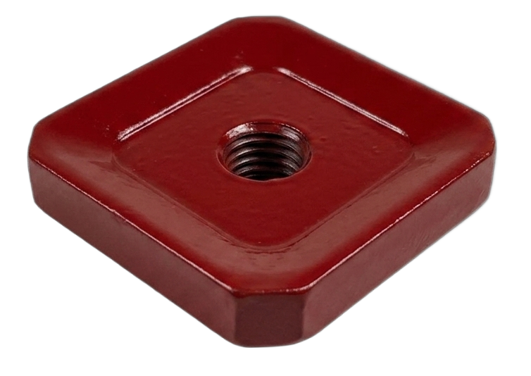 Red square threaded insert with a centered metal screw hole