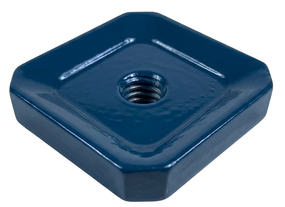 Blue square threaded metal insert with a central hole