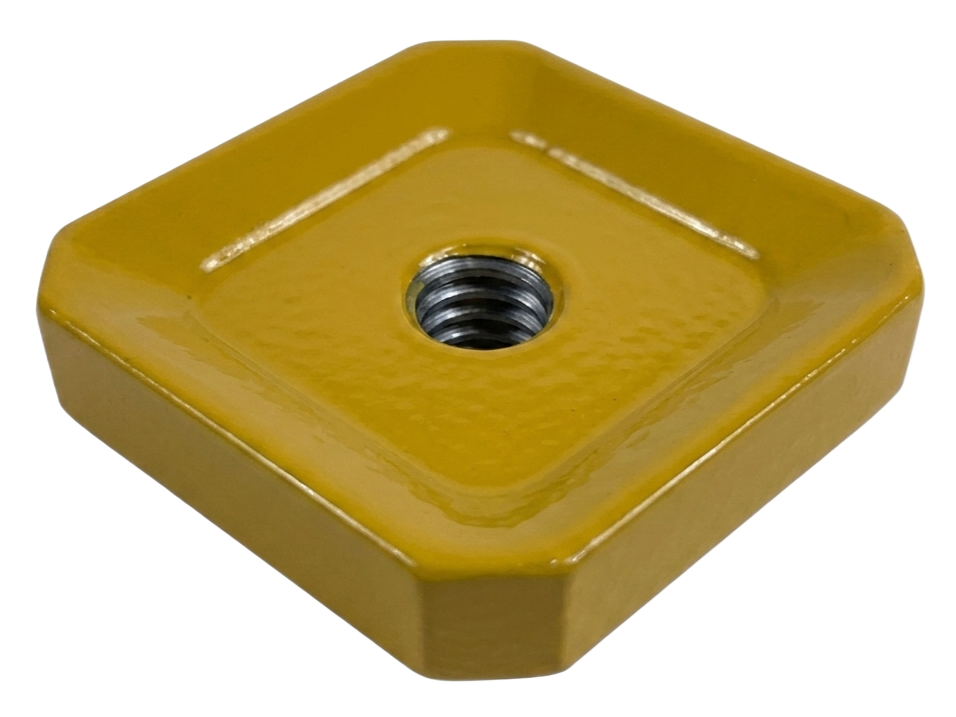 Yellow square metal plate with a threaded center hole