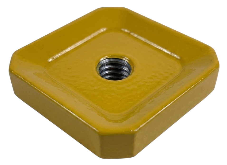 Yellow square metal nut with a threaded center hole