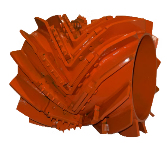 Orange industrial cutter head with angled blades, likely for mining or excavation.