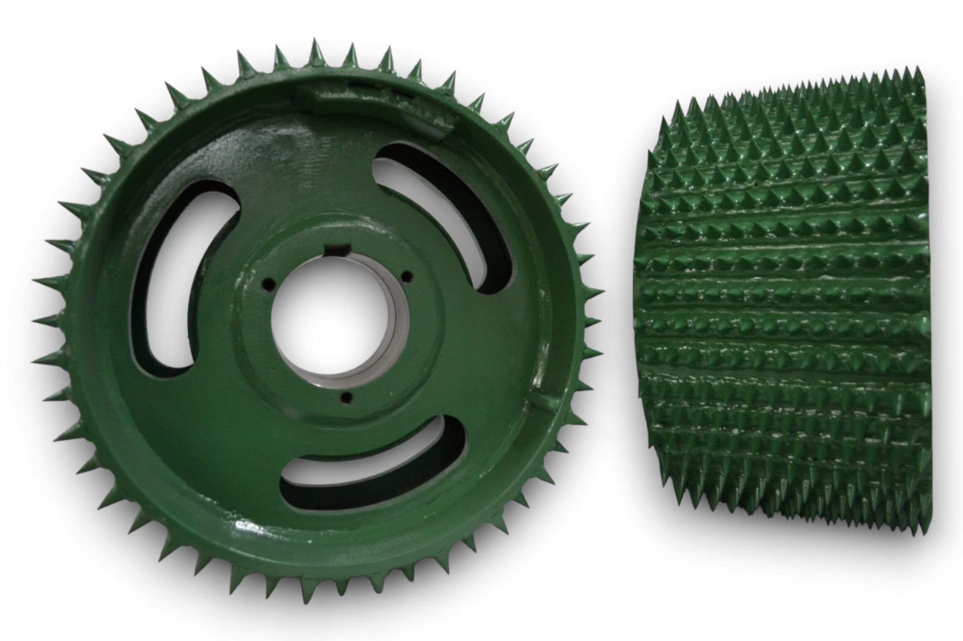 Green sprockets with spikes. One from a side angle, the other from the face.