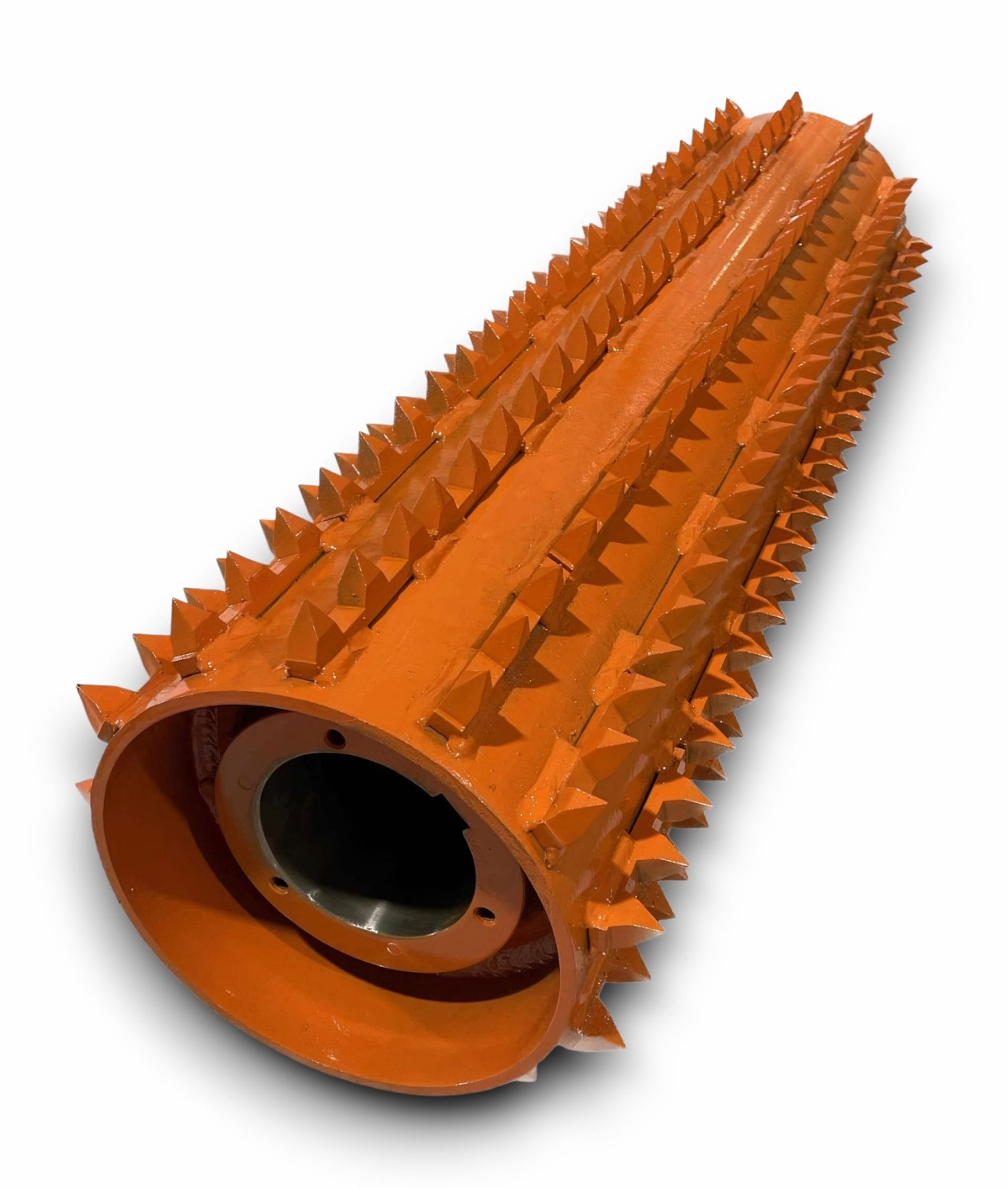 Orange, cone-shaped drum with spiked projections, likely for agricultural or industrial use.