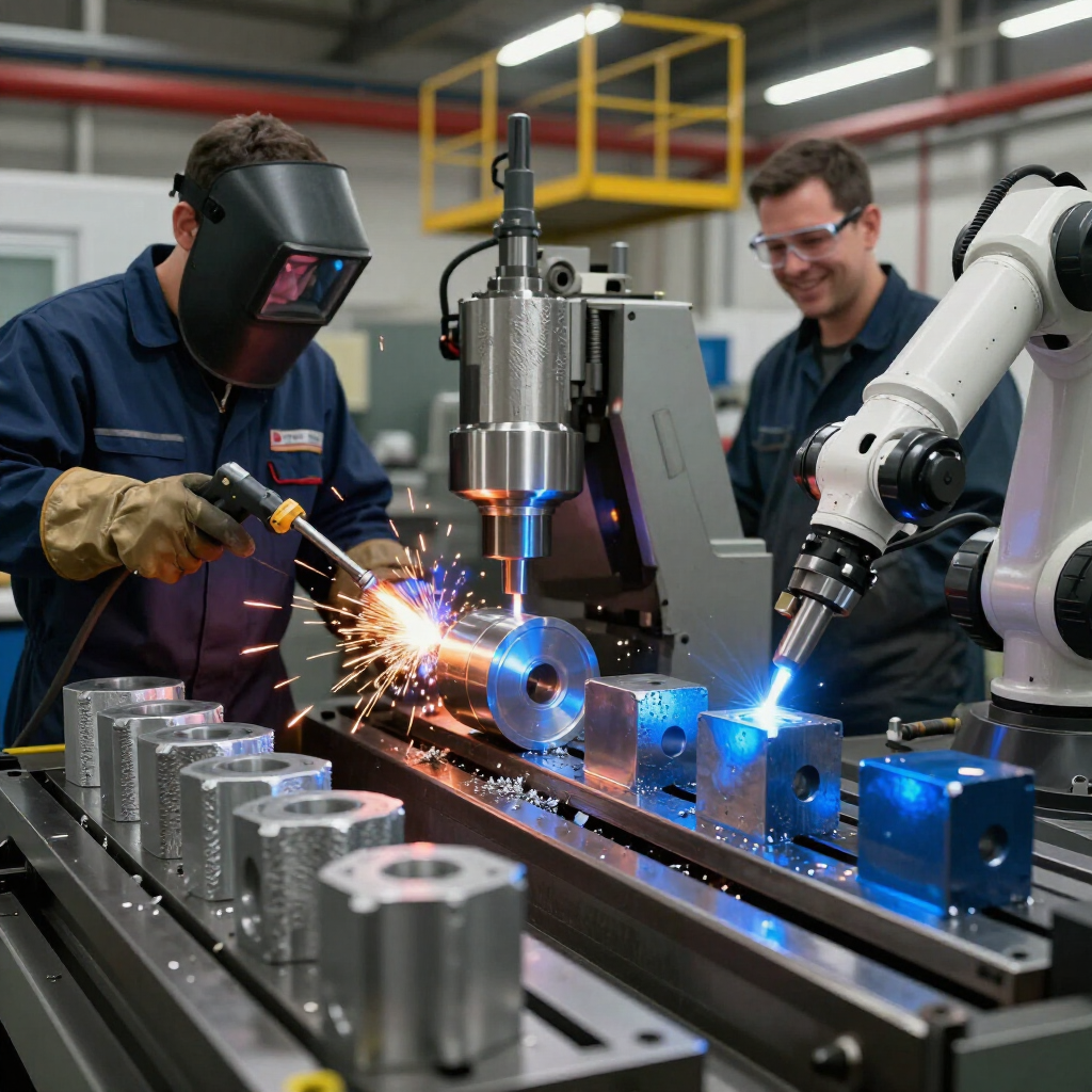 Welder and robotic arm working on a metal workpiece in a bright industrial workshop, with sparks flying.
