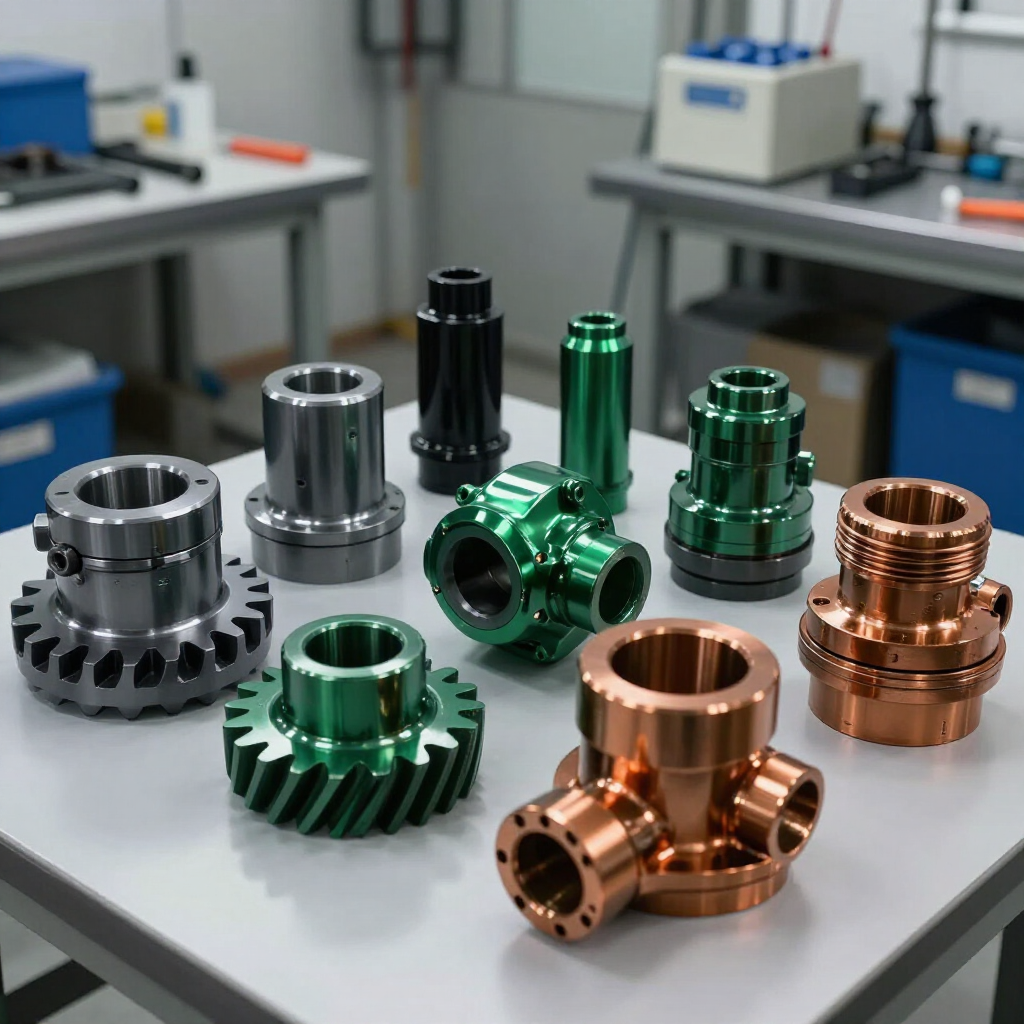 Assorted metallic machined parts in silver, green, black, and copper on a workshop table