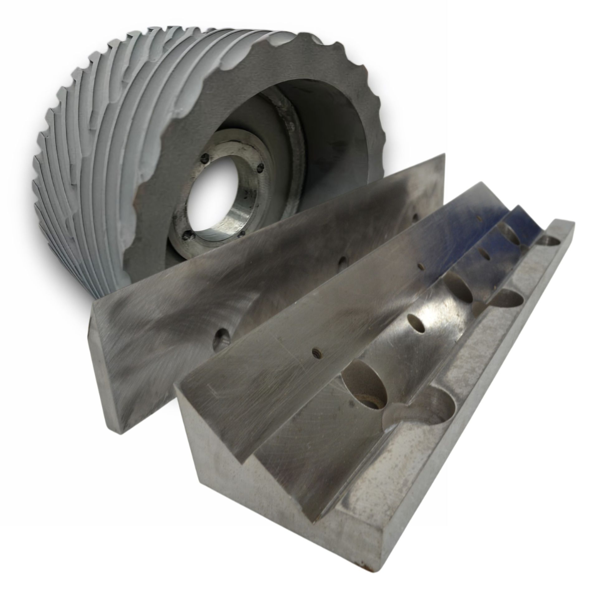 Two angled, metallic blocks with holes and a V-shaped groove.