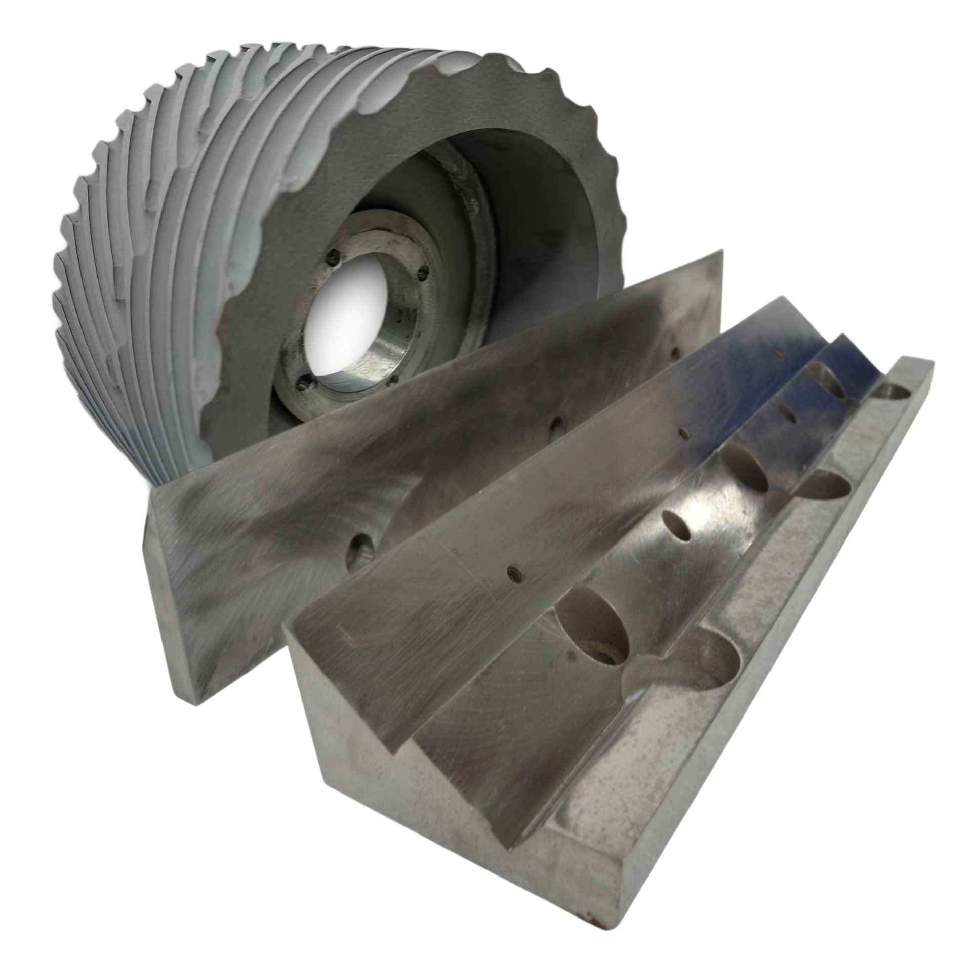Two angled, metallic blocks with holes and a V-shaped groove.