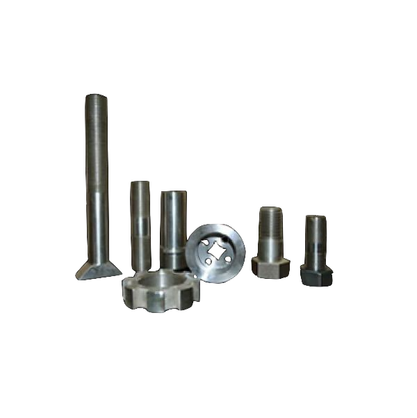 Assorted metal machine parts: bolts, rods, and a circular part with a central opening, all in shades of gray.