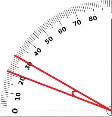 Red and black protractor measuring an angle marked near 30 degrees on a white background