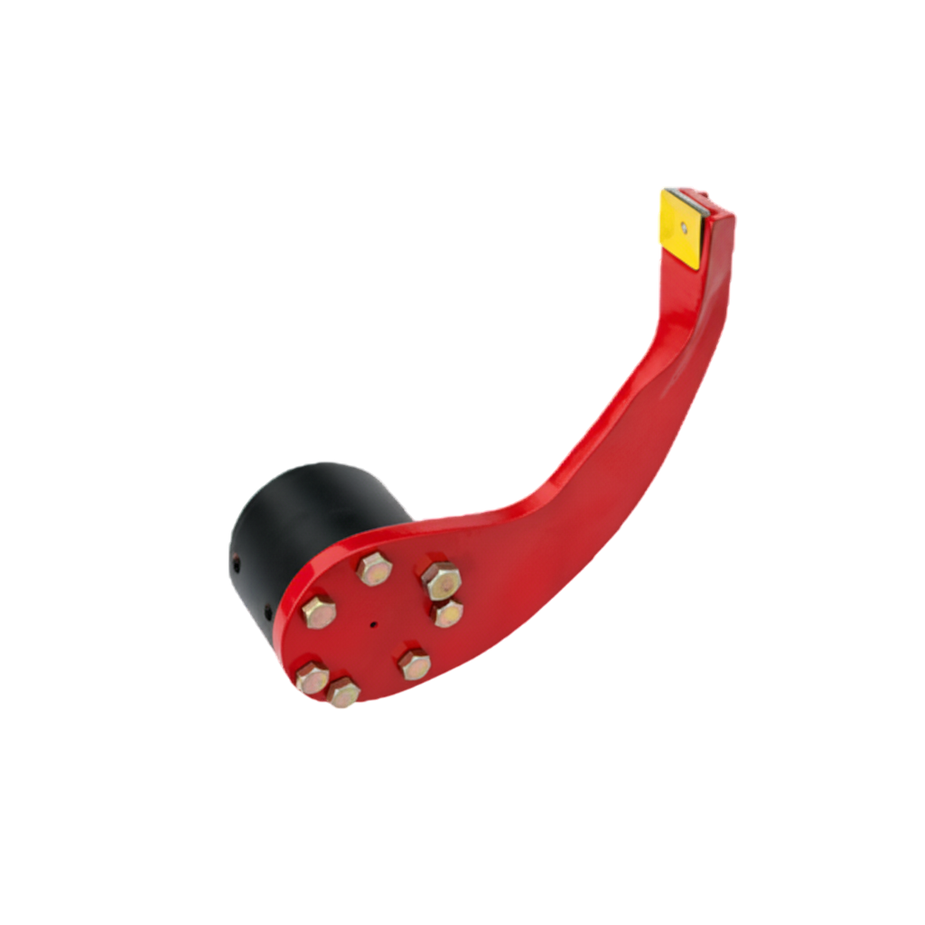 Red metal lever with black cylindrical roller and yellow tip on a white background