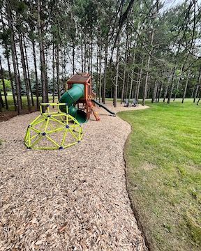 There is a playground in the middle of the woods.