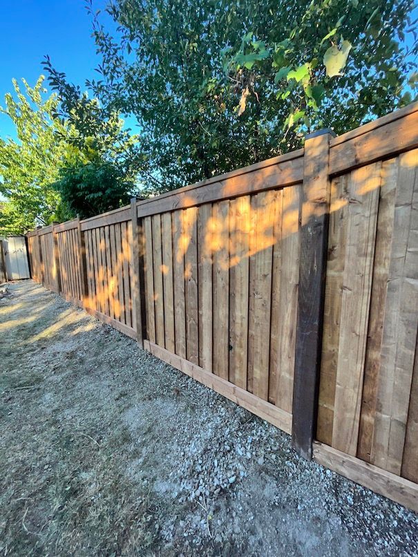A wooden fence in a backyard with trees in the background.