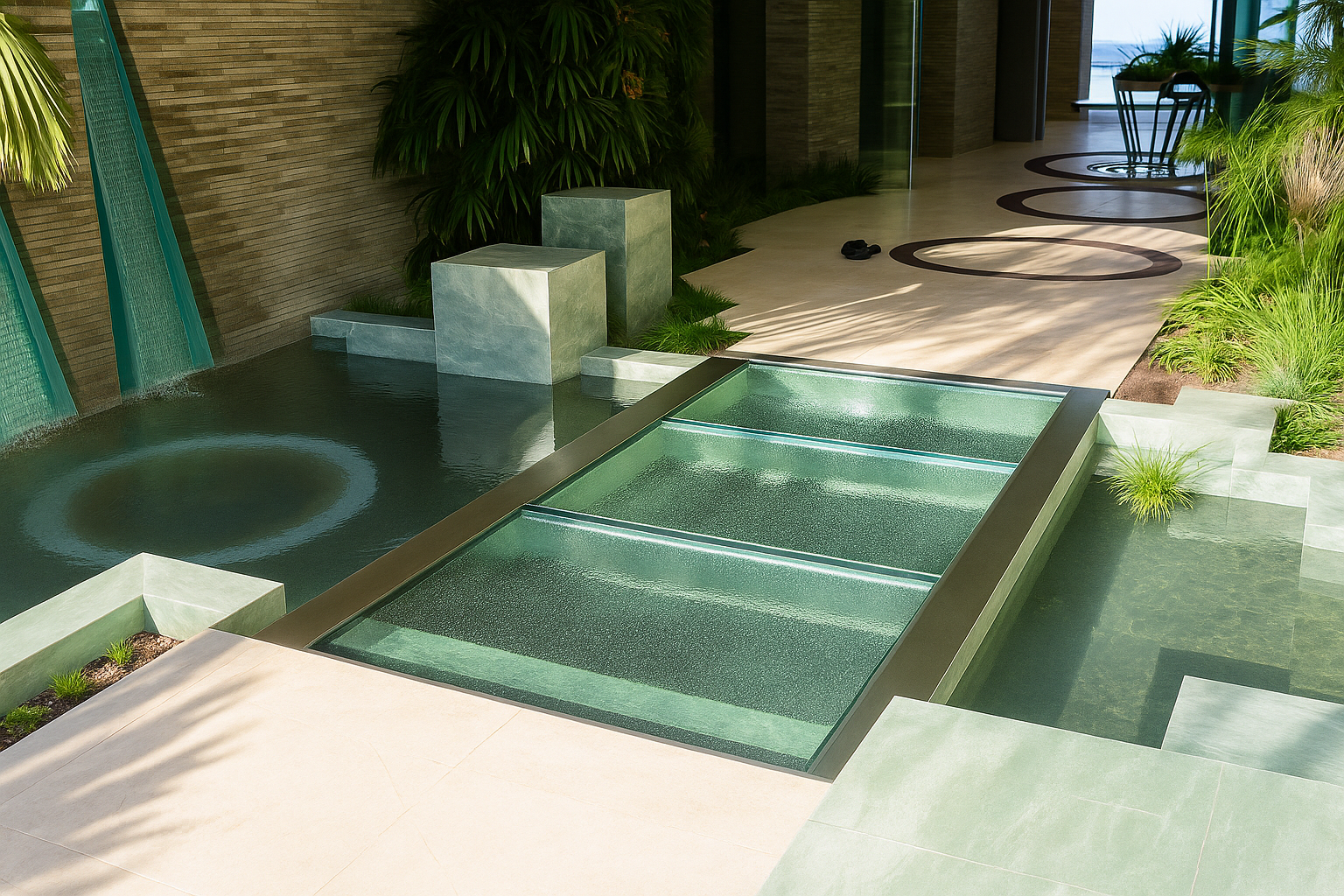 Water feature with glass walkway, light green accents, outdoor setting.