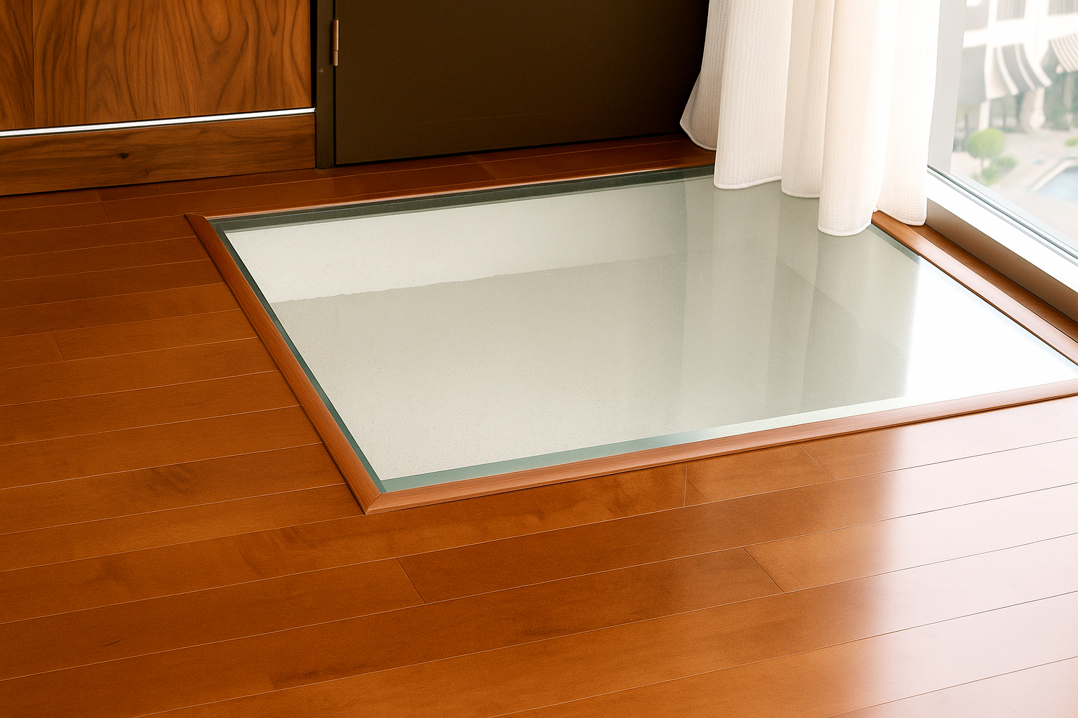 Glass floor inset in wooden floor.