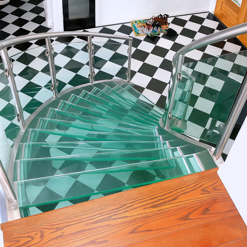 Glass spiral staircase with silver railing, black/white checkered floor, and wooden landing.