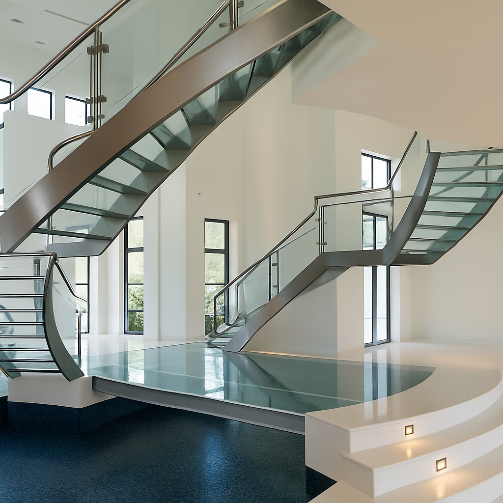 Modern interior with a floating staircase, glass railings, and a light-filled, white room.