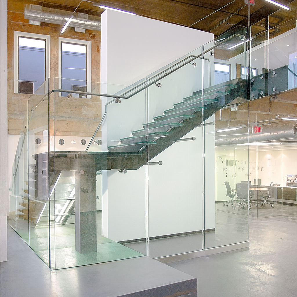 Glass staircase with metal railing in a modern office space with natural light.