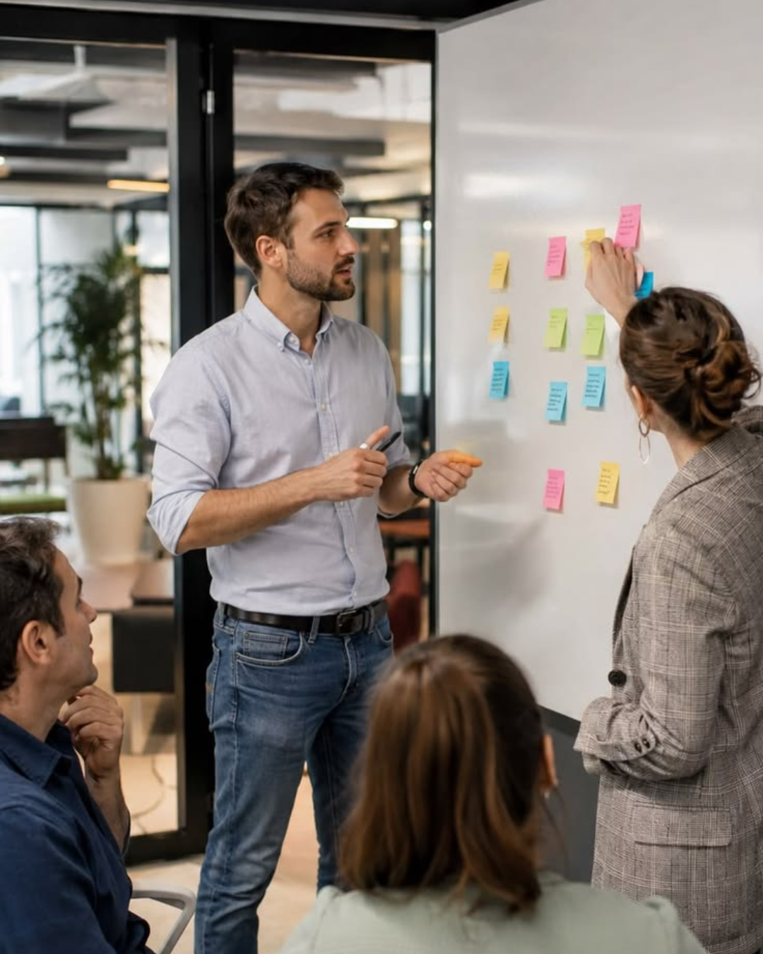 Sesión de lluvia de ideas en equipo en una oficina, con notas adhesivas en una pizarra blanca y tres personas discutiendo ideas.