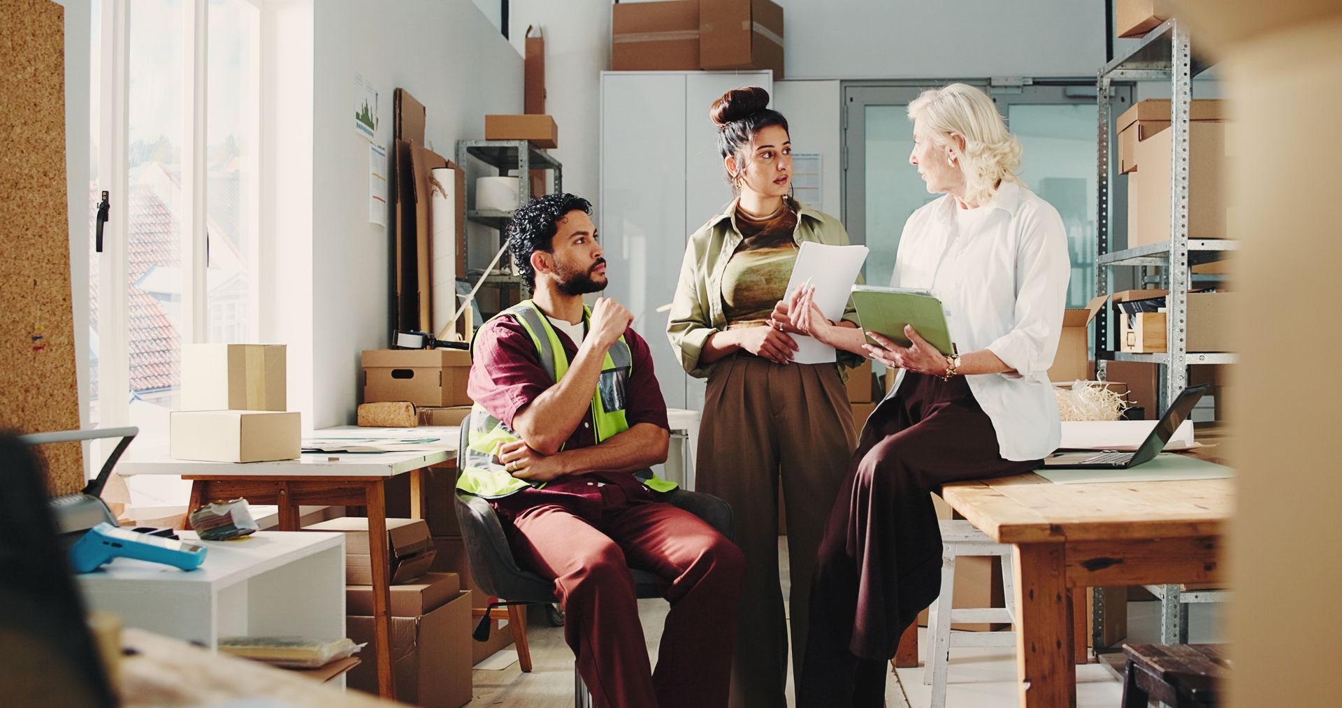Three people in an art studio discussing work, with paintings and easels in the background. Three people in an art studio discussing work, with paintings and easels in the background.