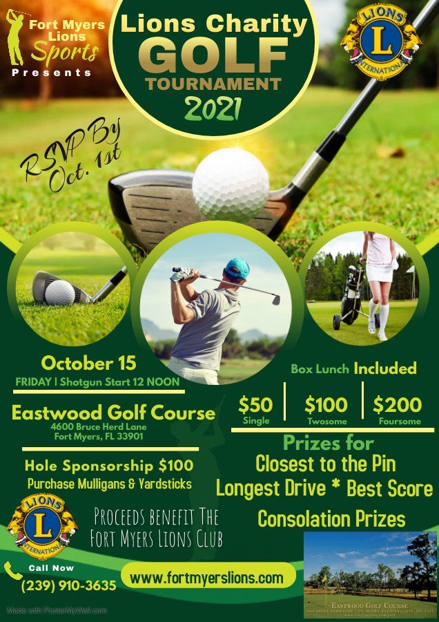 Golf tournament flyer: Fort Myers Lions Charity event, October 15, Eastwood Golf Course. 