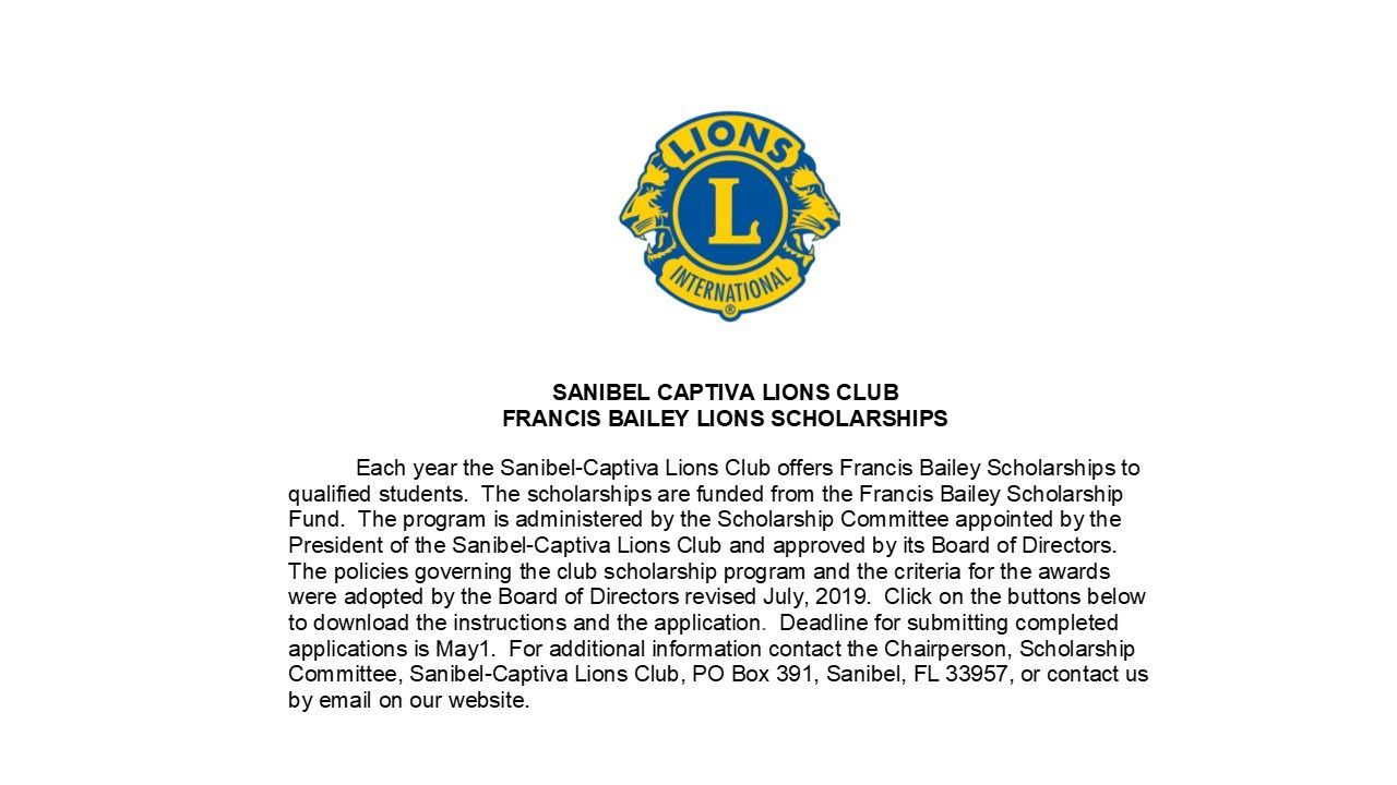 Sanibel Captiva Lions Club scholarship announcement with Lions Club logo.