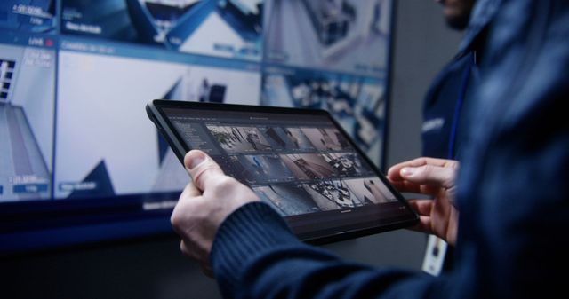 Person holding a tablet displaying surveillance camera feeds; monitor in background.