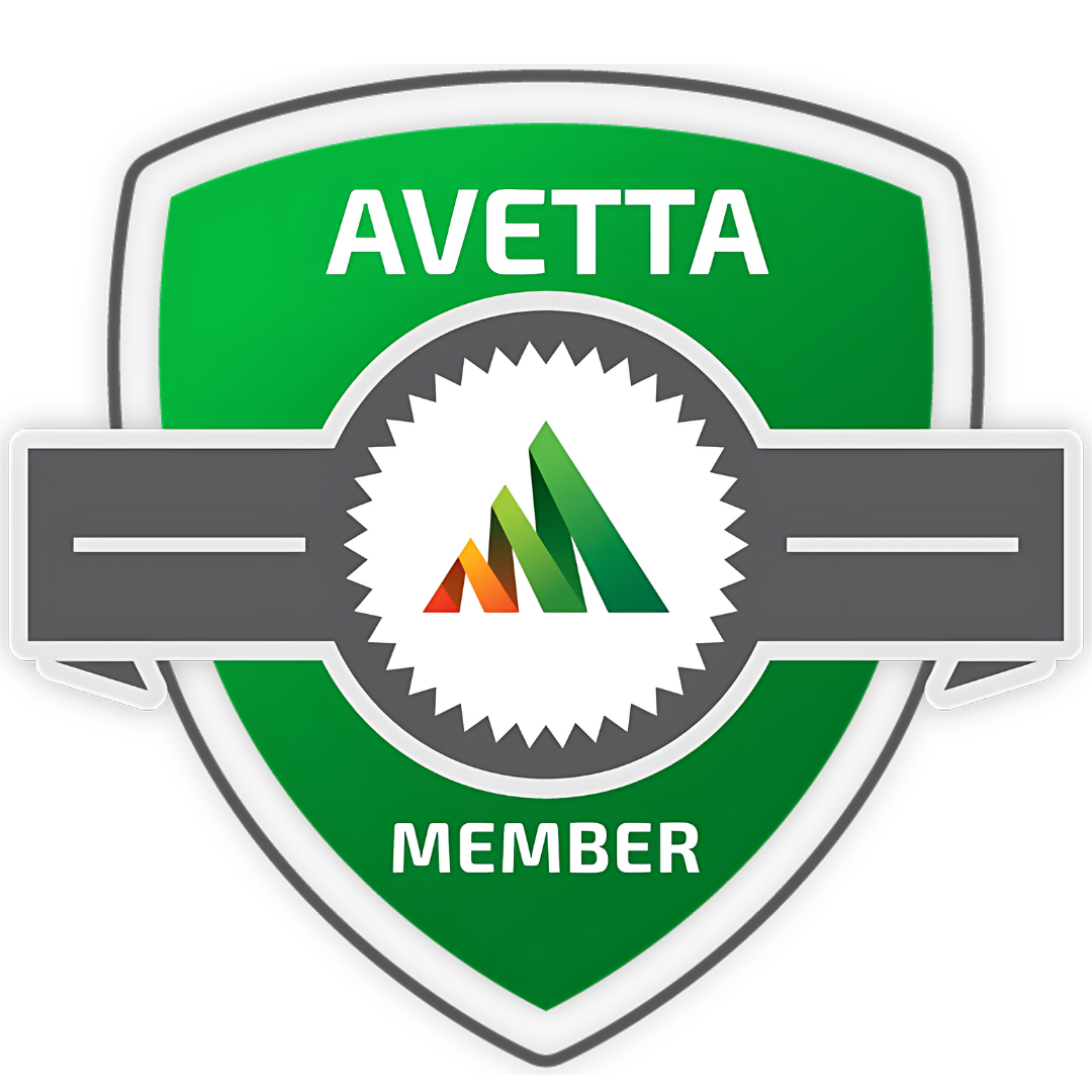 Avetta Member badge: green shield with gray road, white center with abstract logo.