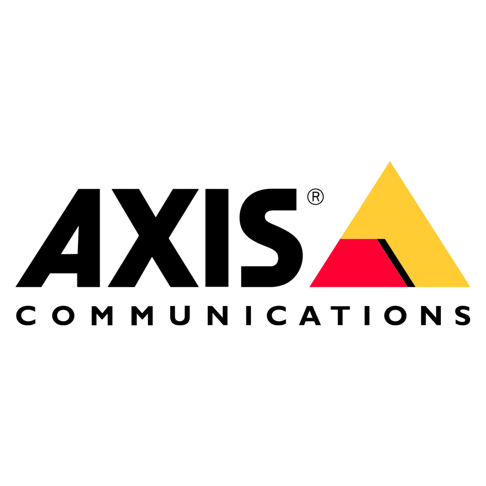 Axis Communications logo: Black text with a yellow and red triangle.