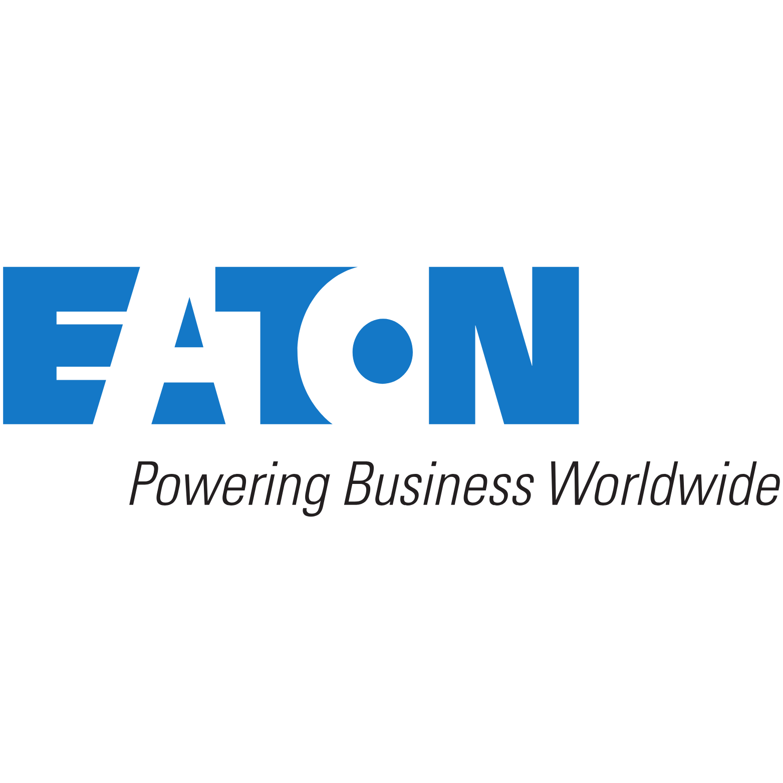 Eaton logo: blue text "EATON" with a circle in the "A," tagline "Powering Business Worldwide."