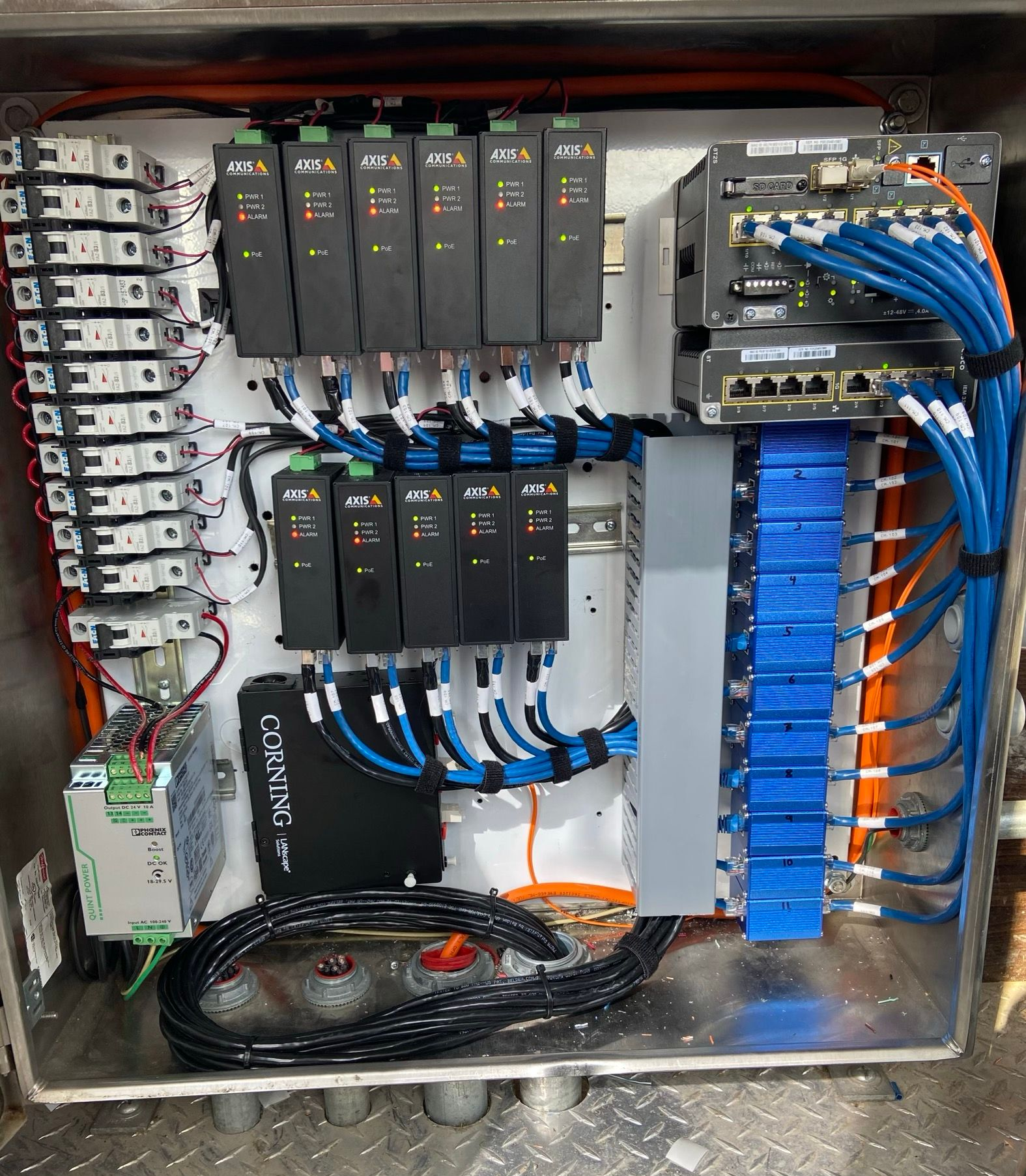 Control panel with black modules, blue cables, and white breakers.