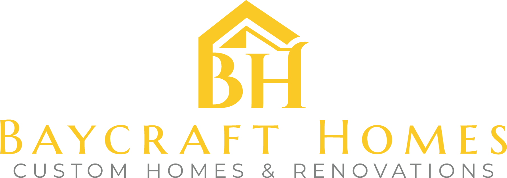 Yellow logo for Baycraft Homes. A house shape surrounds the letters