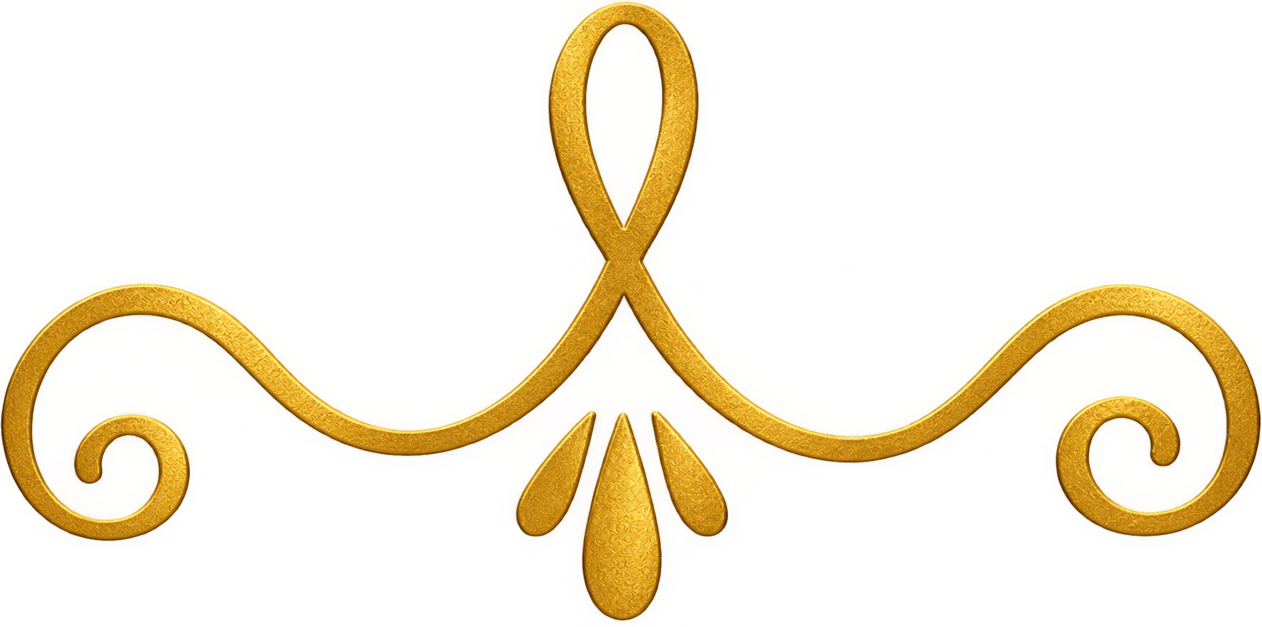 Gold ornamental flourish with curled ends and teardrop accents on a white background