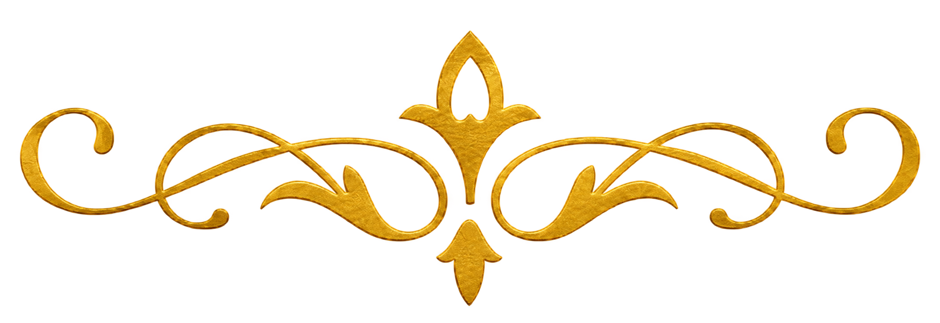 Gold ornamental flourish with symmetrical swirls and a central fleur-de-lis on a white background