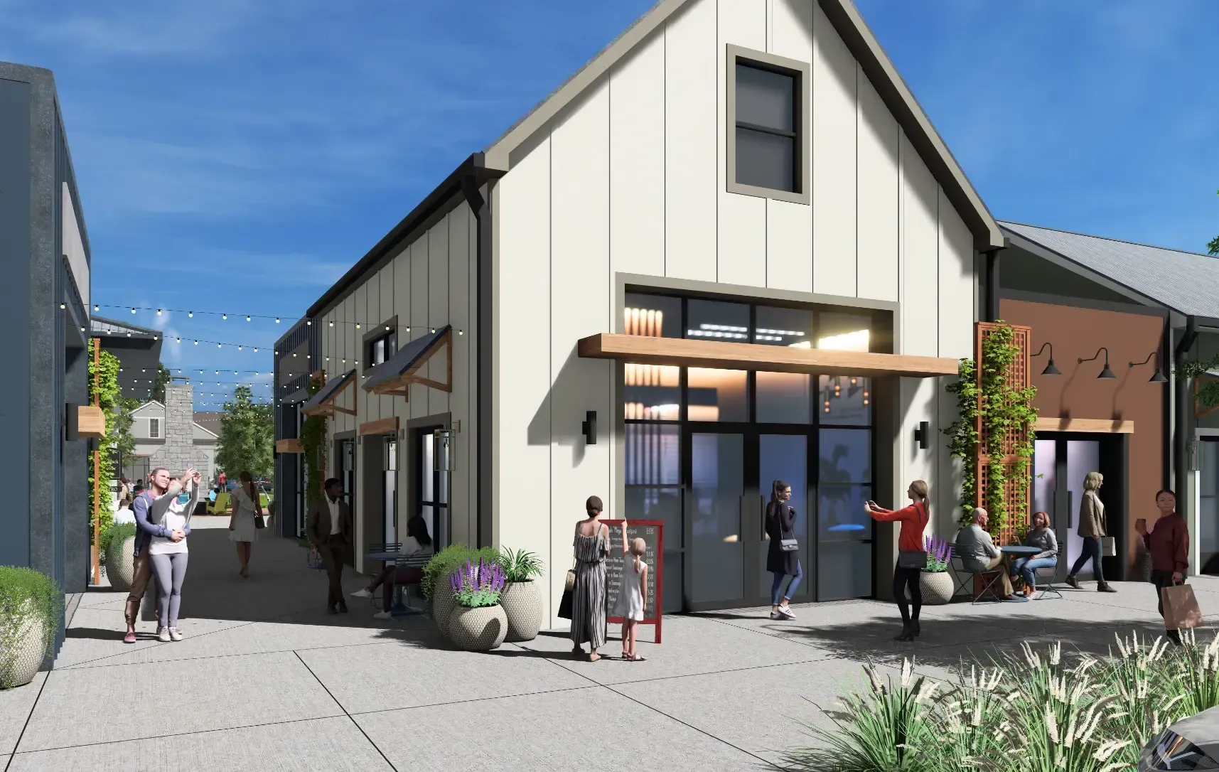 Modern street with storefronts, pedestrians, potted plants, and a bright blue sky