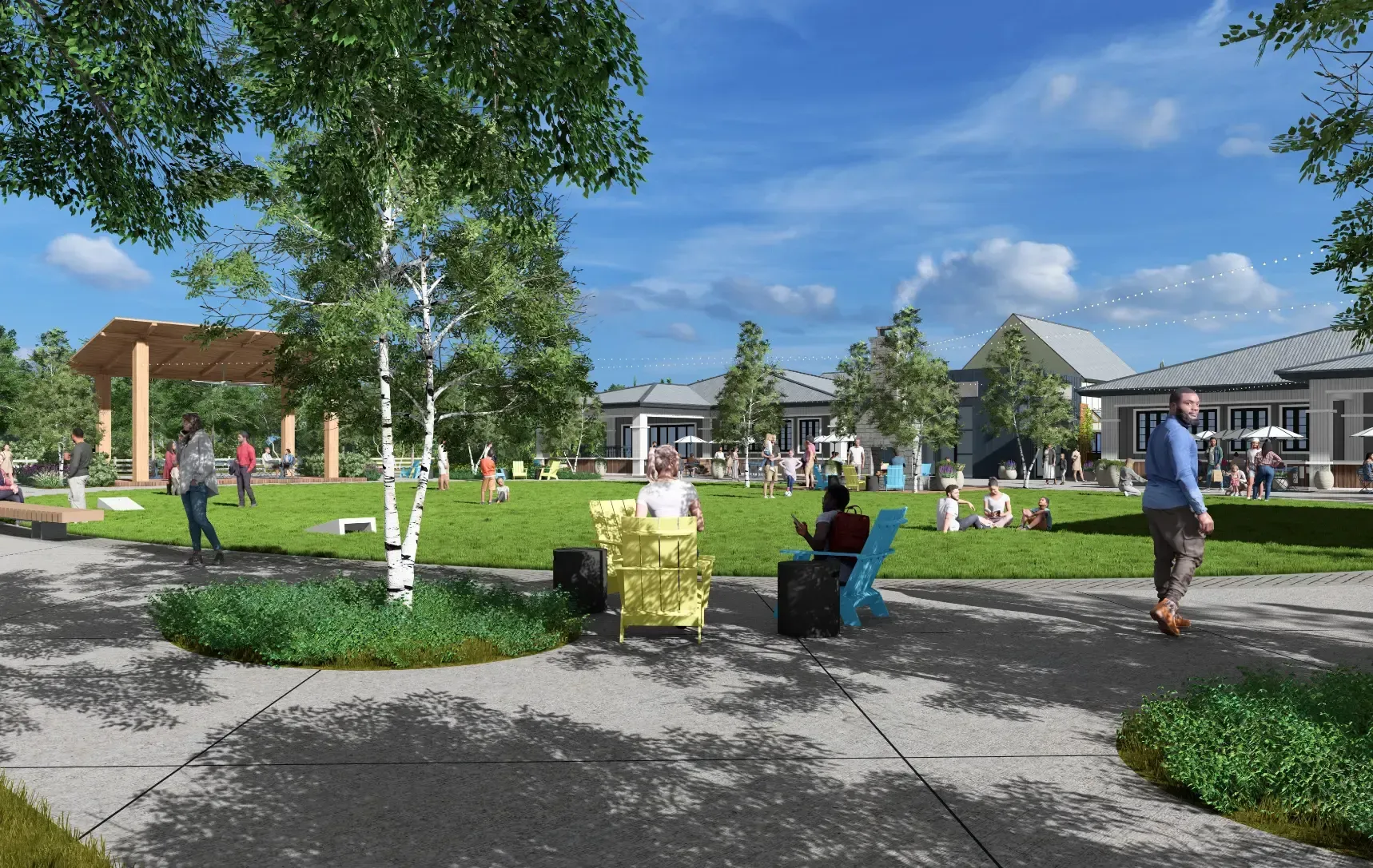 People relaxing in a sunny park with trees, chairs, and modern buildings in the background