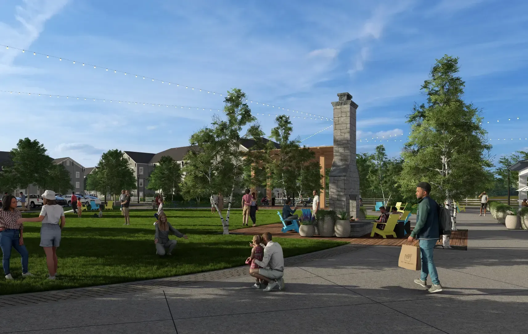 People relaxing in a sunny park near a stone tower and green lawn