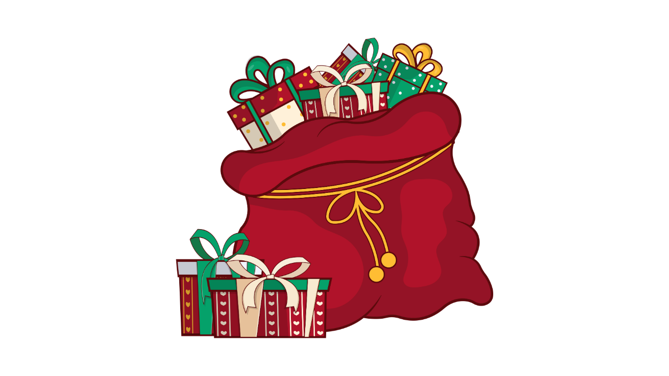 Eine rote Tüte voller Weihnachtsgeschenke auf weißem Hintergrund.