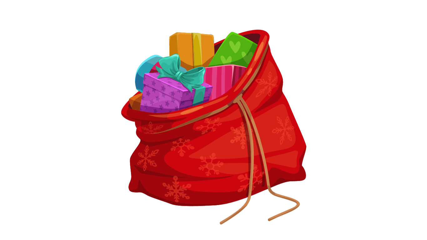 Ein roter Weihnachtssack voller Geschenke auf weißem Hintergrund.