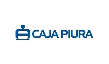 Logotipo azul del banco CAJA PIURA con icono estilizado y texto sobre fondo blanco.