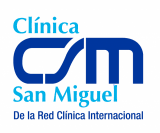 Logotipo de Clínica San Miguel, texto azul y turquesa con “De la Clínica Internacional” debajo.