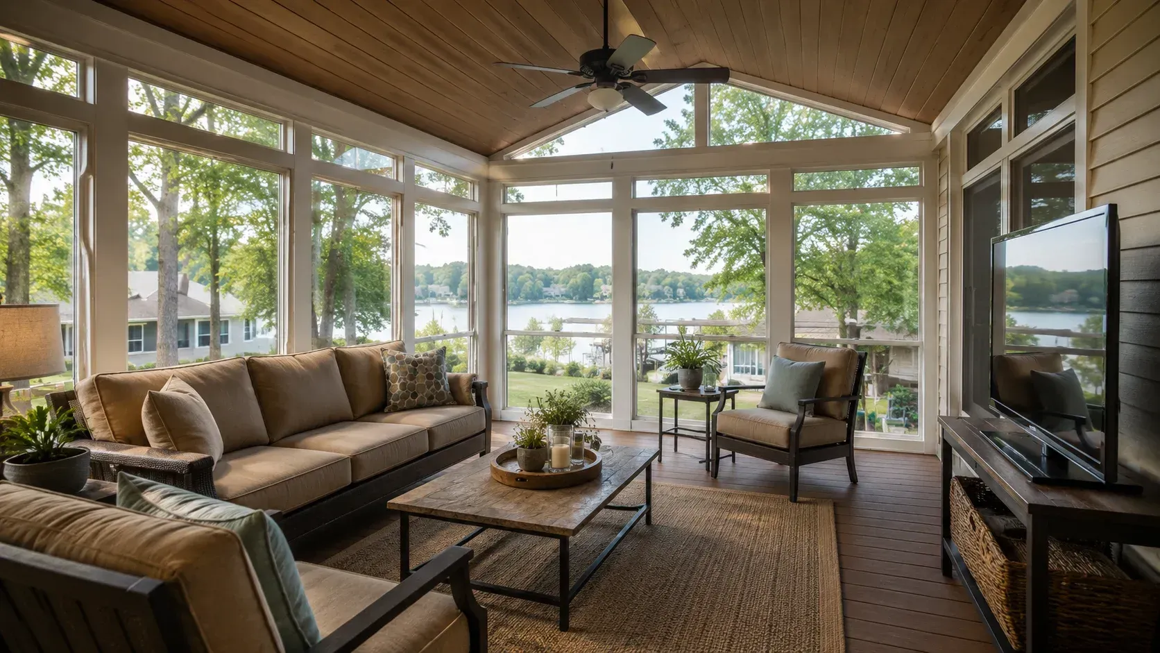 Sunroom interior showing seating and large windows, illustrating what's the difference between a three-season and four-season sunroom.