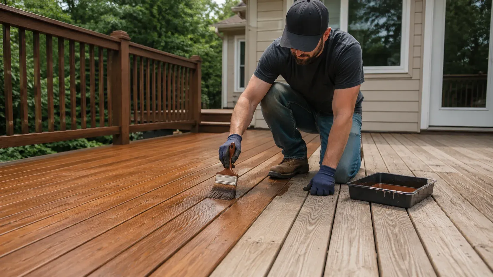 Person staining wood deck: how often does a wood deck need to be stained or sealed?