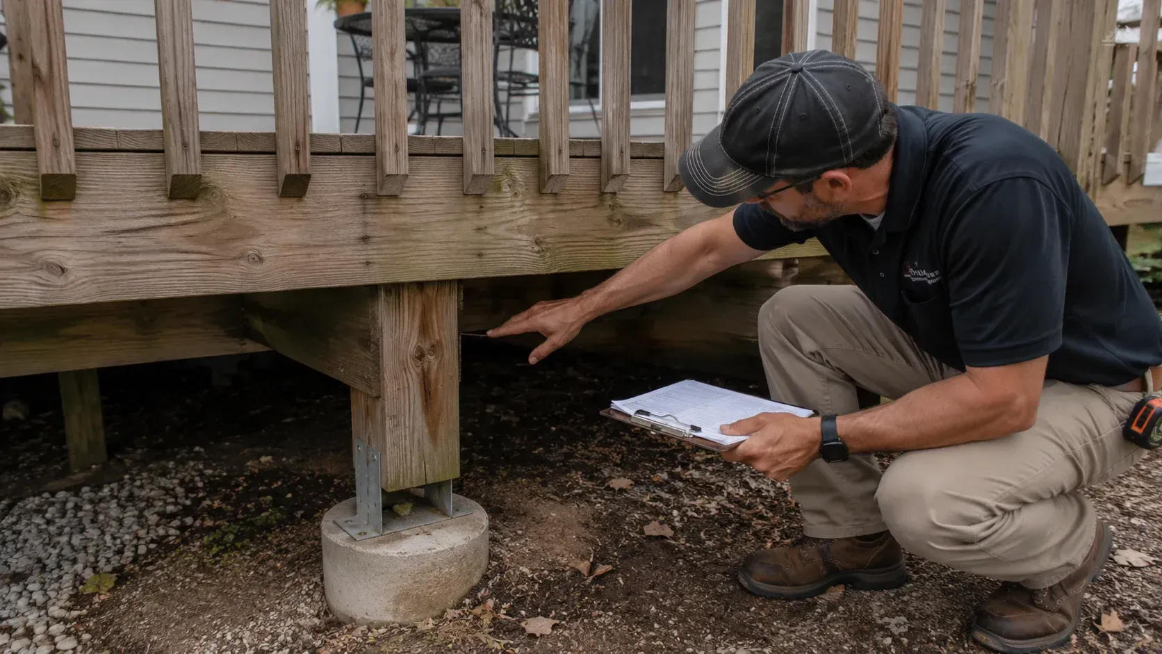 Inspector examining deck posts to show what are the main reasons a deck fails.