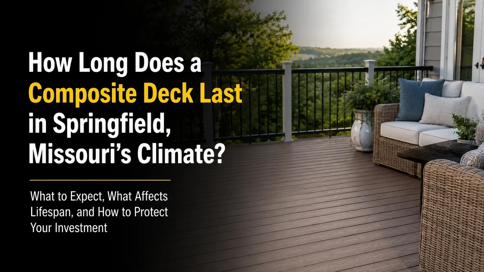 A modern gray composite deck with black metal railings and patio furniture, showing how long does a composite deck last in a residential backyard.