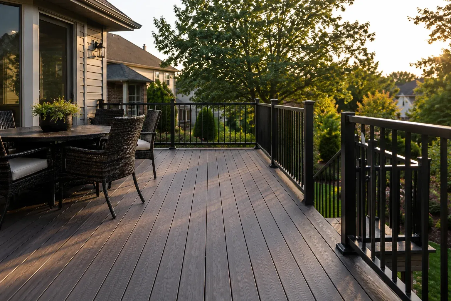 Outdoor residential patio showing how long does a composite deck last with dark composite decking, black metal railings, and outdoor dining furniture.